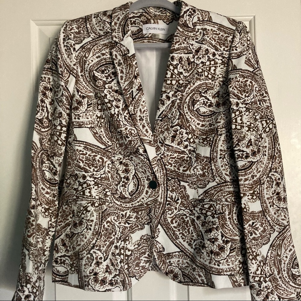 CALVIN KLEIN Womens Brown Paisley Wear To Work Blazer Jacket Size 12 Petites